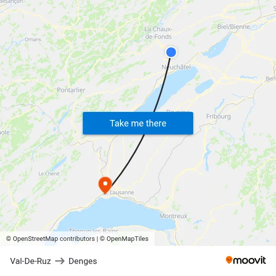 Val-De-Ruz to Denges map