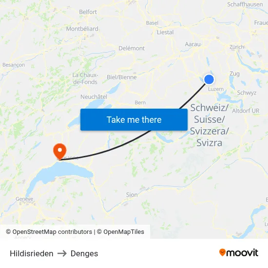 Hildisrieden to Denges map