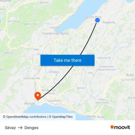 Sévaz to Denges map
