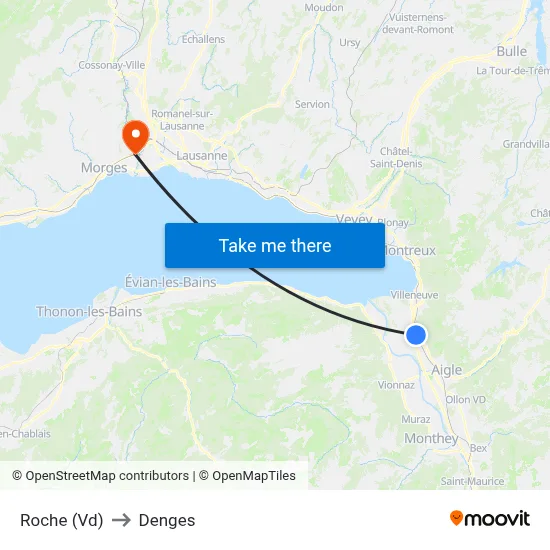 Roche (Vd) to Denges map