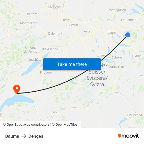 Bauma to Denges map