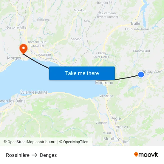 Rossinière to Denges map