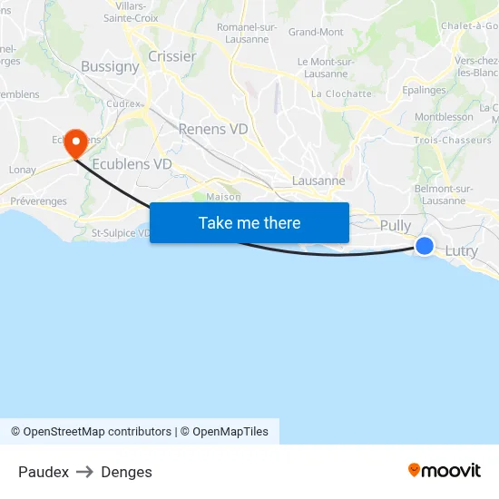 Paudex to Denges map