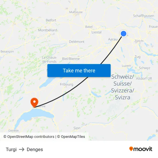 Turgi to Denges map