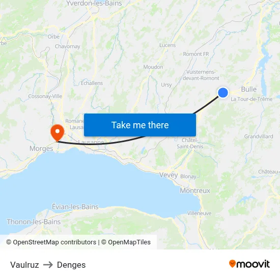 Vaulruz to Denges map
