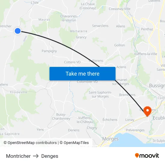 Montricher to Denges map
