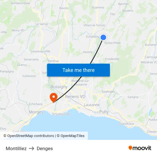 Montilliez to Denges map