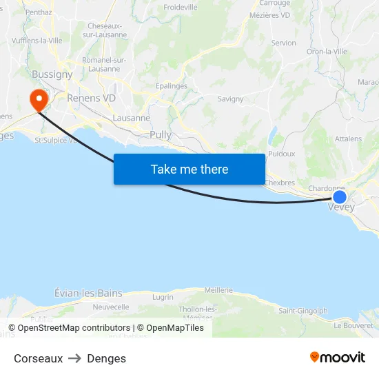 Corseaux to Denges map