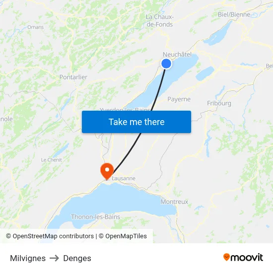 Milvignes to Denges map