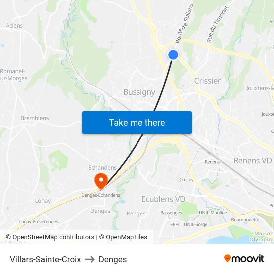 Villars-Sainte-Croix to Denges map