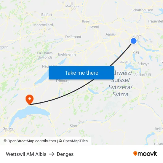 Wettswil AM Albis to Denges map