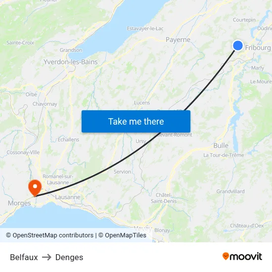 Belfaux to Denges map