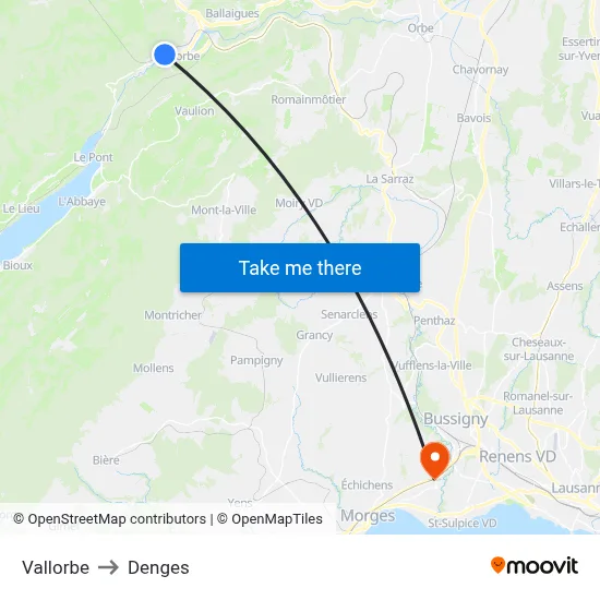 Vallorbe to Denges map