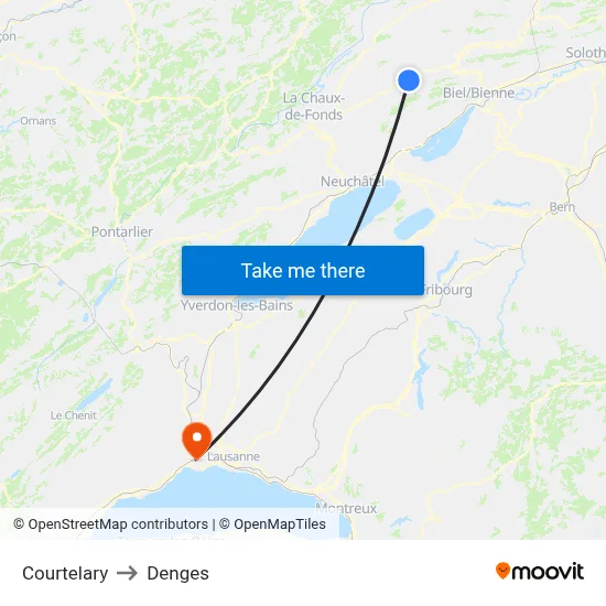 Courtelary to Denges map