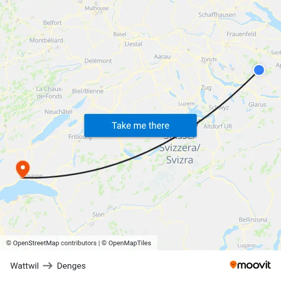 Wattwil to Denges map