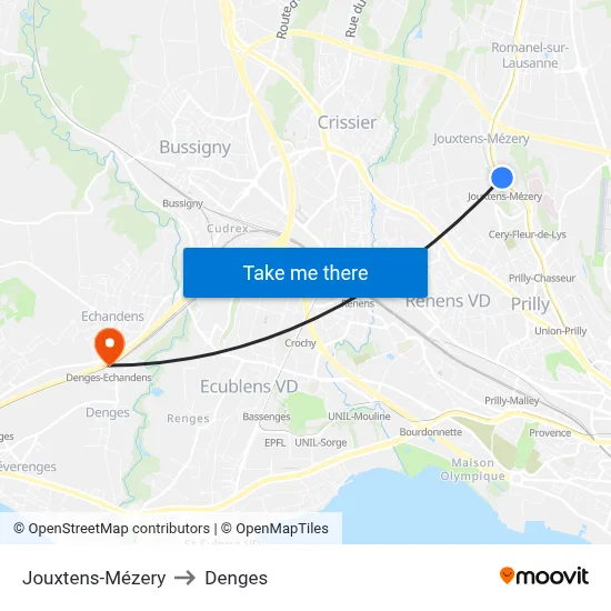 Jouxtens-Mézery to Denges map