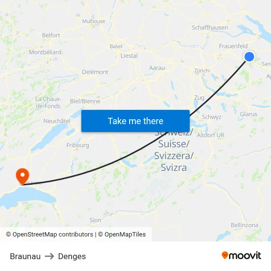 Braunau to Denges map