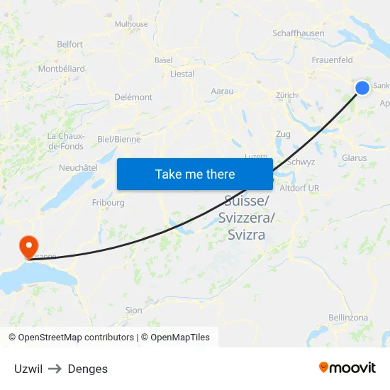 Uzwil to Denges map
