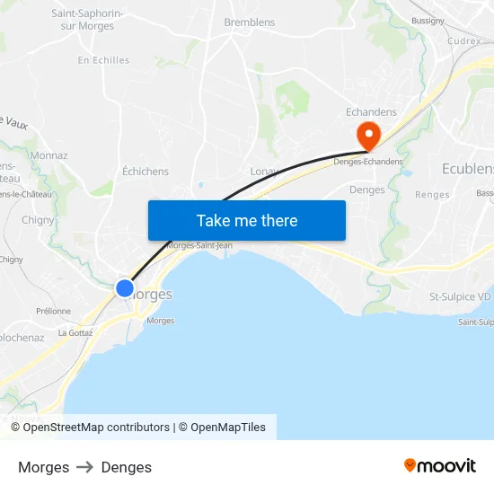 Morges to Denges map