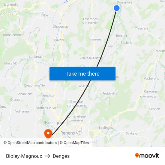 Bioley-Magnoux to Denges map