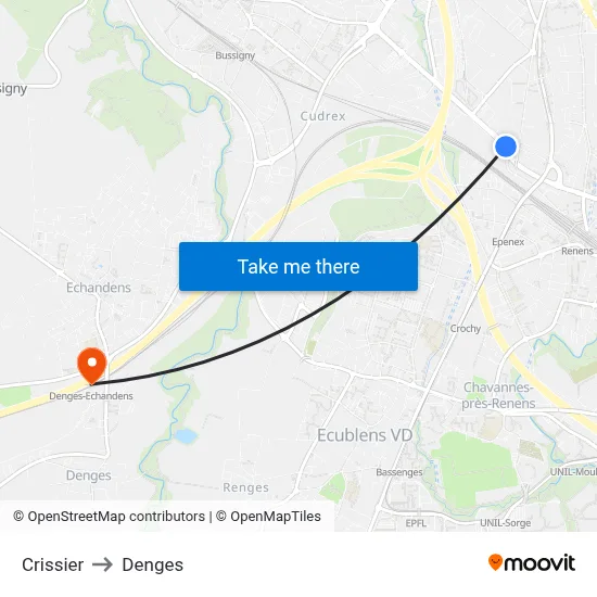 Crissier to Denges map