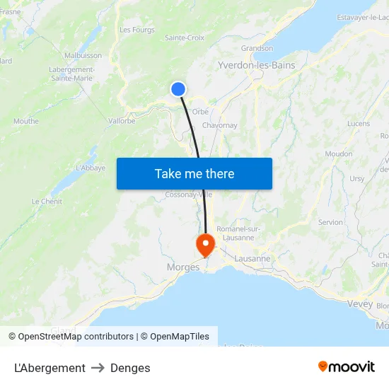 L'Abergement to Denges map