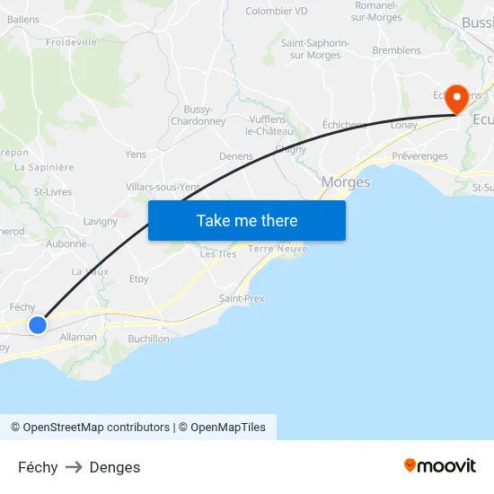 Féchy to Denges map