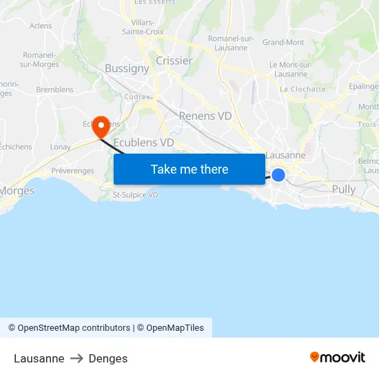 Lausanne to Denges map