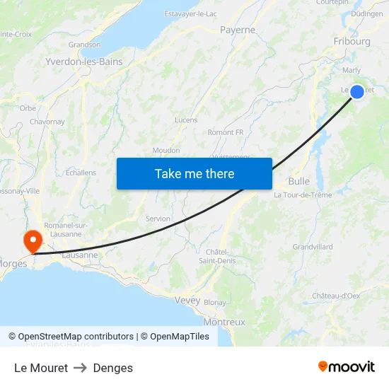 Le Mouret to Denges map