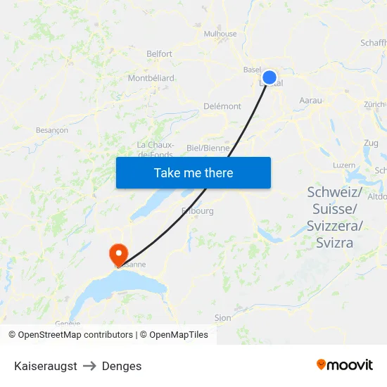 Kaiseraugst to Denges map