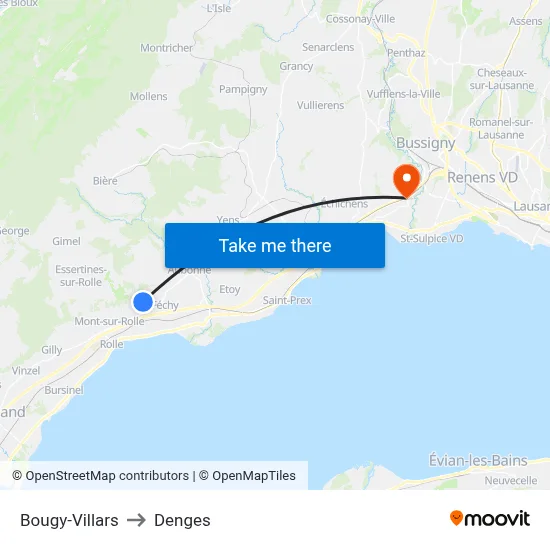 Bougy-Villars to Denges map