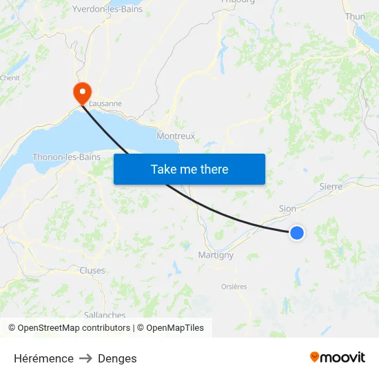 Hérémence to Denges map