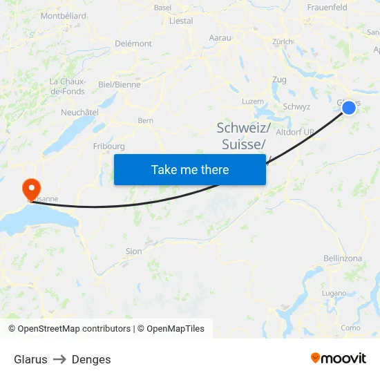 Glarus to Denges map
