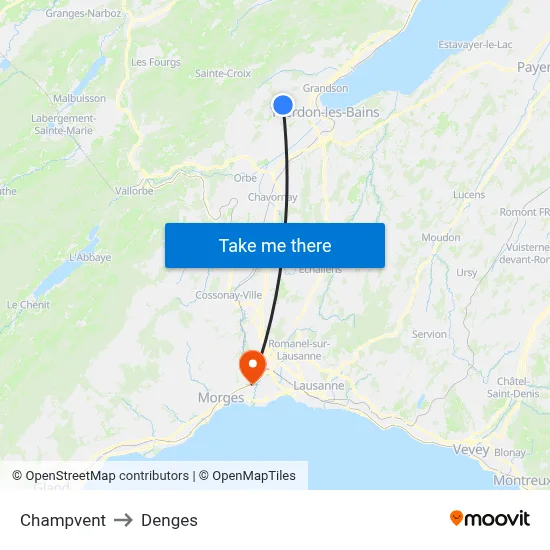 Champvent to Denges map