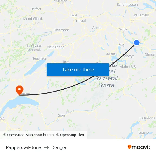 Rapperswil-Jona to Denges map