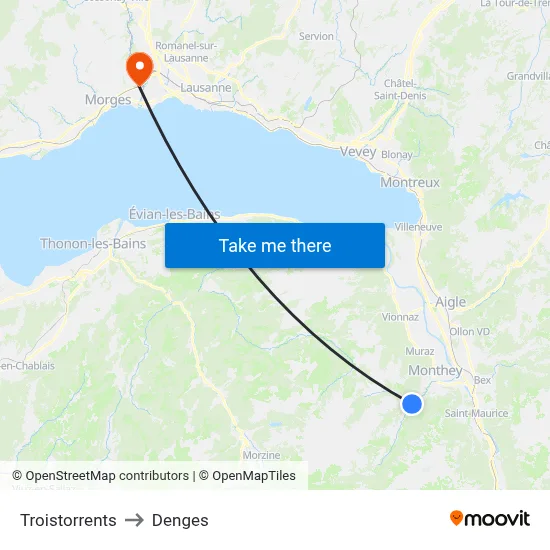 Troistorrents to Denges map