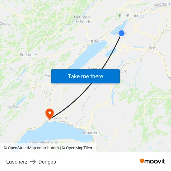 Lüscherz to Denges map