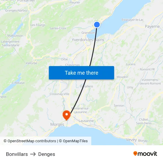 Bonvillars to Denges map