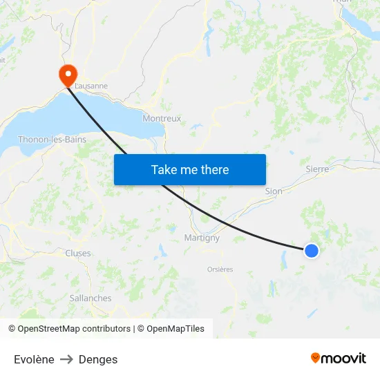 Evolène to Denges map