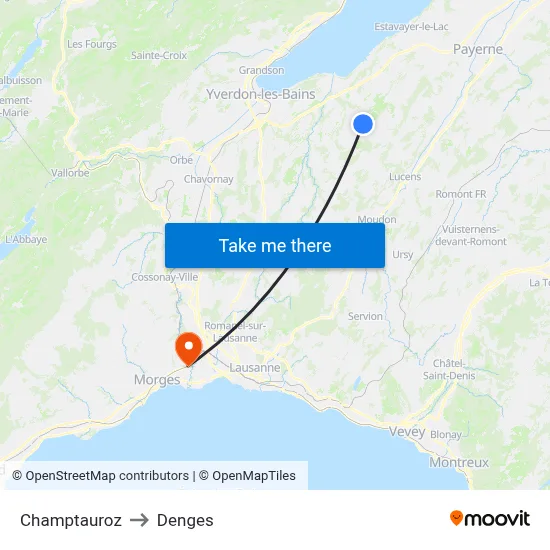Champtauroz to Denges map