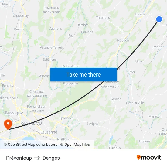 Prévonloup to Denges map