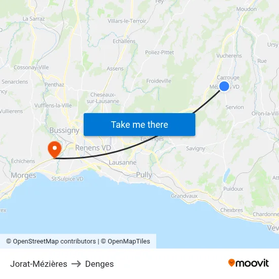 Jorat-Mézières to Denges map