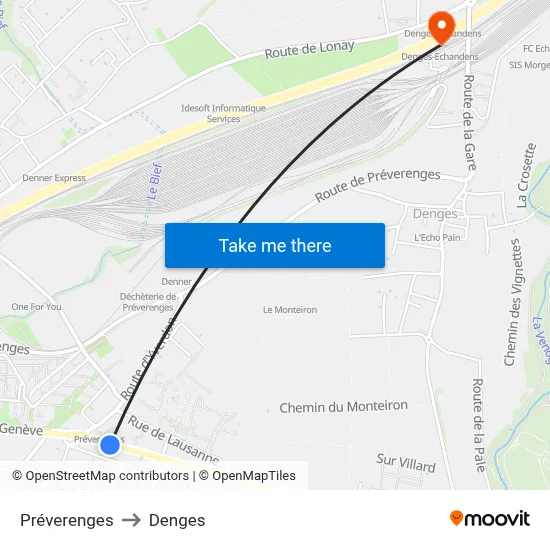 Préverenges to Denges map