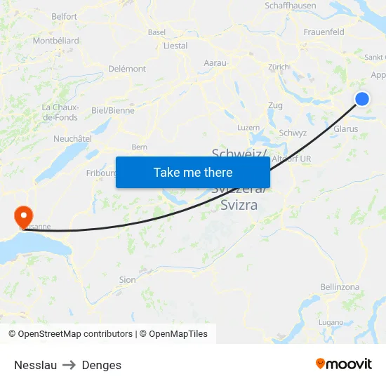 Nesslau to Denges map