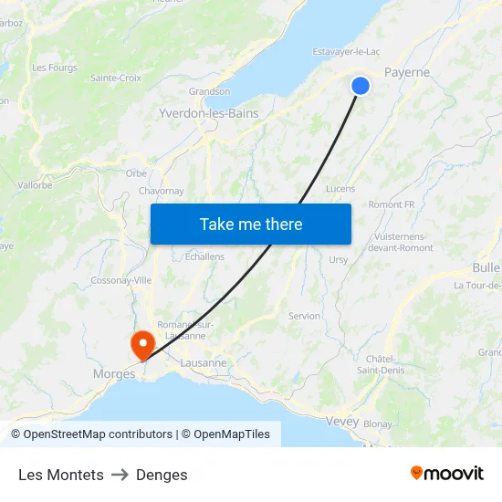 Les Montets to Denges map