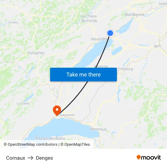 Cornaux to Denges map