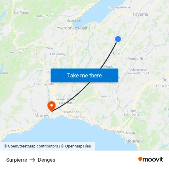 Surpierre to Denges map