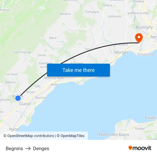 Begnins to Denges map