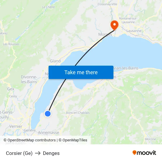 Corsier (Ge) to Denges map