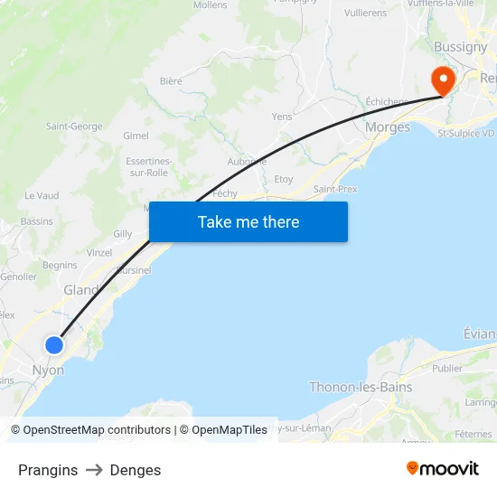 Prangins to Denges map